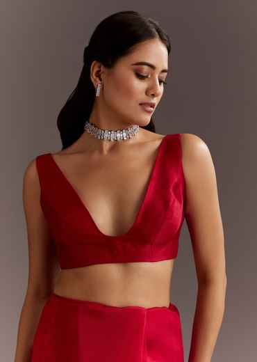 Red Glass Tissue Saree With Cutdana And Sequins Scallop Border