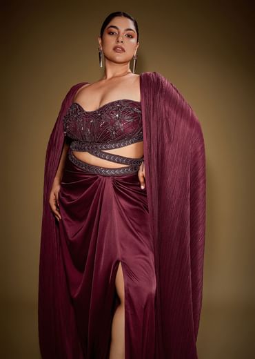 Red Hand Embroidered Blouse With Drape Skirt And Crushed Cape