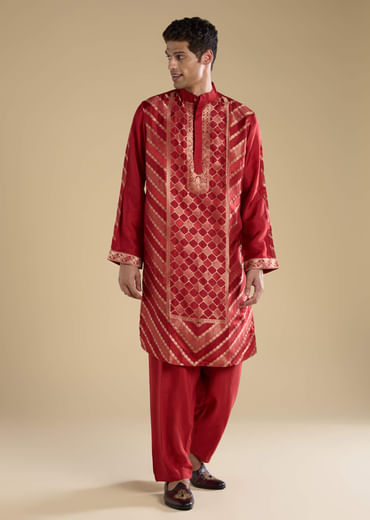Red Handwoven Jacquard Silk Mens Kurta Set