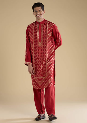 Red Handwoven Jacquard Silk Mens Kurta Set