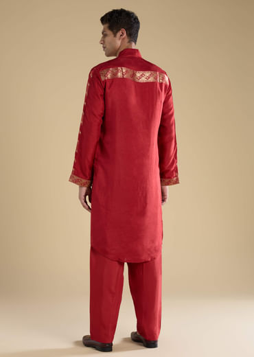 Red Handwoven Jacquard Silk Mens Kurta Set
