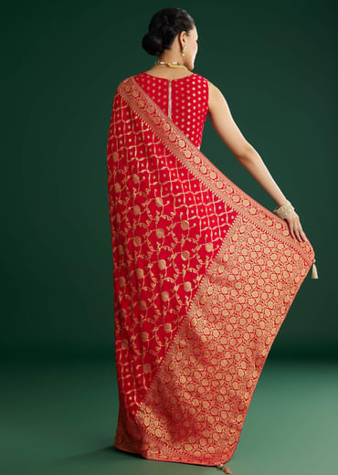 Red Jaal Work Saree With Floral Border And Pallu