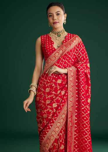 Red Jaal Work Saree With Floral Border And Pallu