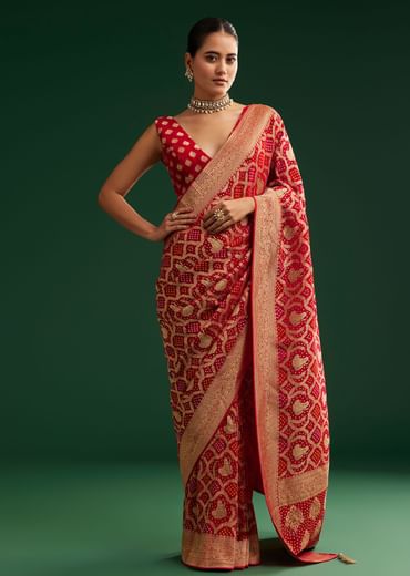 Red Khaddi Georgette Saree With Zari Woven Jaal Work