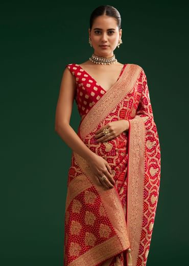 Red Khaddi Georgette Saree With Zari Woven Jaal Work