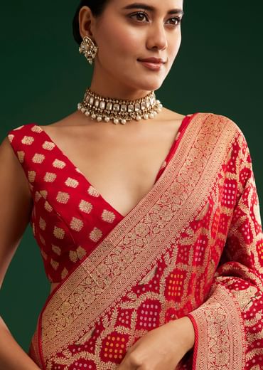 Red Khaddi Georgette Saree With Zari Woven Jaal Work