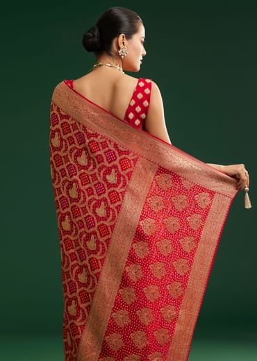 Red Khaddi Georgette Saree With Zari Woven Jaal Work