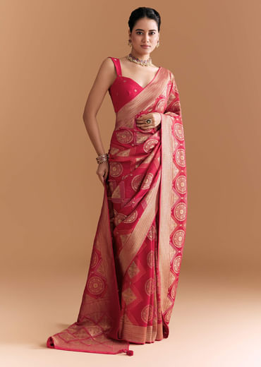 Red Khadhi Georgette Saree With Geometric Motifs In Zari Work
