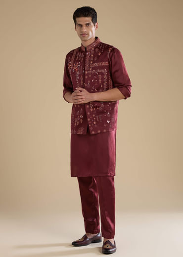 Red Linen Jacket Kurta Set with Resham Work