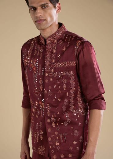 Red Linen Jacket Kurta Set with Resham Work