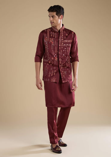Red Linen Jacket Kurta Set with Resham Work