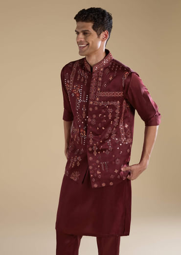 Red Linen Jacket Kurta Set with Resham Work