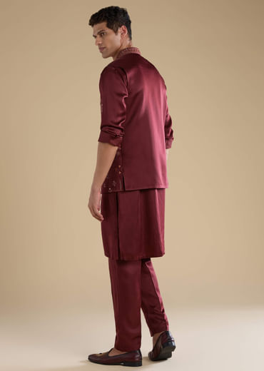 Red Linen Jacket Kurta Set with Resham Work