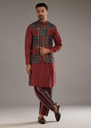 Red Linen Kurta Jacket Set For Men With Hand Block Ajrakh Print Red Linen Kurta Jacket Set For Men With Hand Block Ajrakh Print