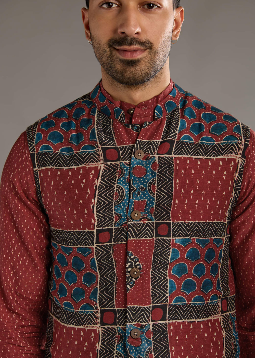 Red Linen Kurta Jacket Set For Men With Hand Block Ajrakh Print