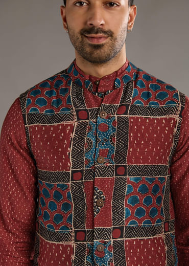 Red Linen Kurta Jacket Set For Men With Hand Block Ajrakh Print Red Linen Kurta Jacket Set For Men With Hand Block Ajrakh Print