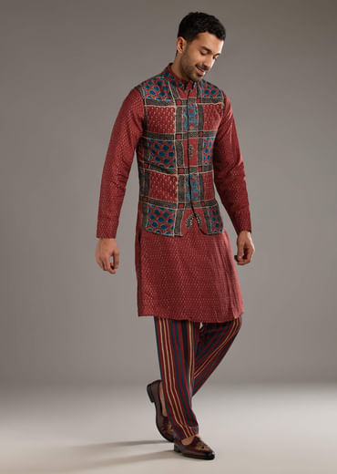 Red Linen Kurta Jacket Set For Men With Hand Block Ajrakh Print Red Linen Kurta Jacket Set For Men With Hand Block Ajrakh Print