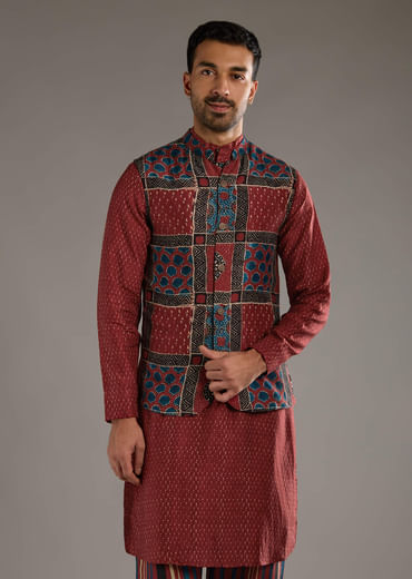 Red Linen Kurta Jacket Set For Men With Hand Block Ajrakh Print Red Linen Kurta Jacket Set For Men With Hand Block Ajrakh Print