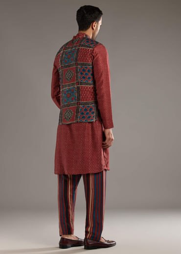 Red Linen Kurta Jacket Set For Men With Hand Block Ajrakh Print Red Linen Kurta Jacket Set For Men With Hand Block Ajrakh Print