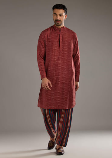 Red Linen Kurta Jacket Set For Men With Hand Block Ajrakh Print Red Linen Kurta Jacket Set For Men With Hand Block Ajrakh Print