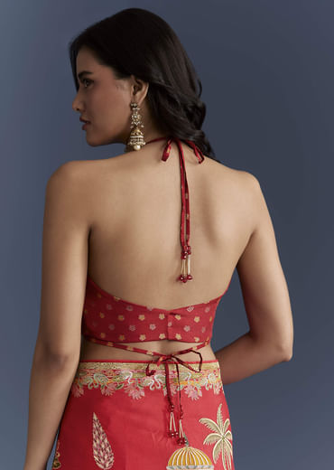 Red Magenta Dola Silk Saree With Nature Motifs And Embroidery