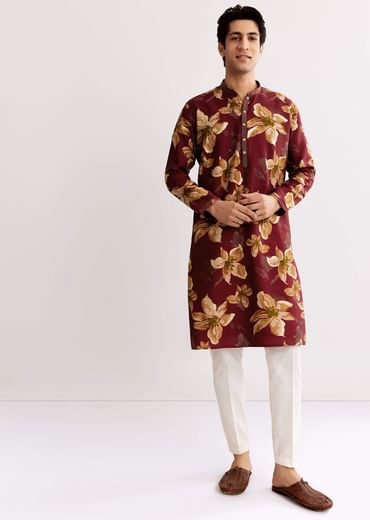 Red Maroon Silk Kurta Set With Floral Print