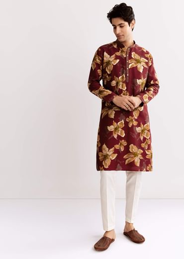Red Maroon Silk Kurta Set With Floral Print