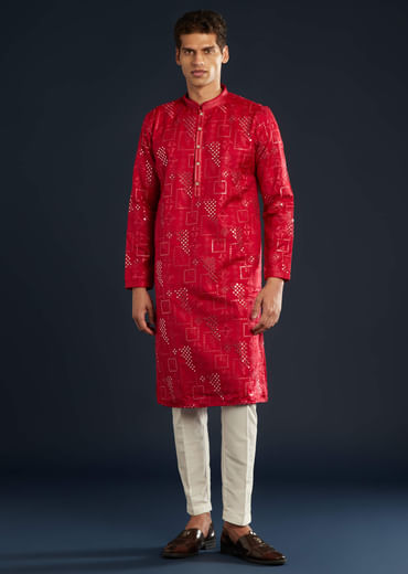 Red Mens Silk Abla Work Kurta Set
