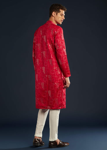 Red Mens Silk Abla Work Kurta Set