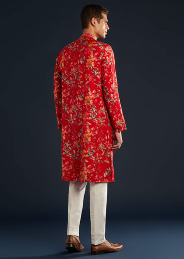 Red Mens Silk Kurta Set with Floral Prints