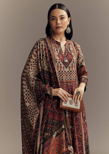 Red Muslin Printed Anarkali Suit