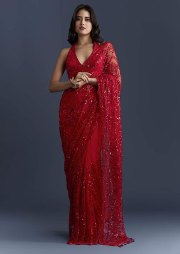 Red Net Saree With Floral Sequins Embroidery