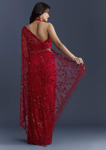 Red Net Saree With Floral Sequins Embroidery