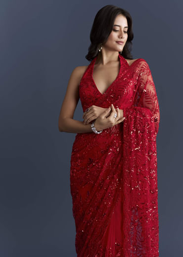 Red Net Saree With Floral Sequins Embroidery