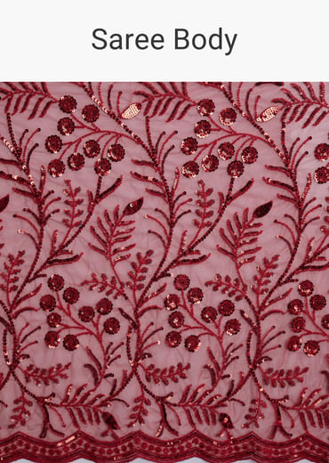 Red Net Saree With Floral Sequins Embroidery