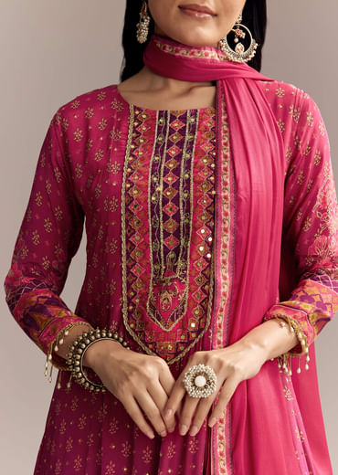 Red Ombre Crepe Printed Anarkali Suit With Embroidery And Tassels