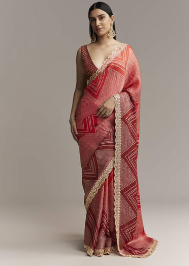 Red Ombre Satin Saree With Geometric Print And Gota Border