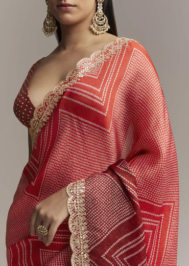 Red Ombre Satin Saree With Geometric Print And Gota Border