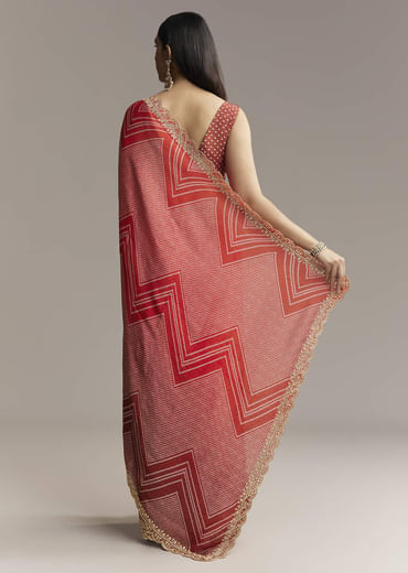 Red Ombre Satin Saree With Geometric Print And Gota Border