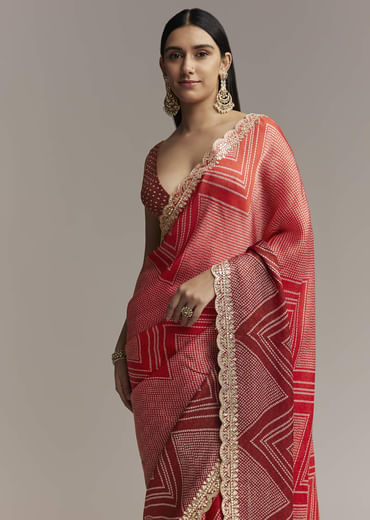 Red Ombre Satin Saree With Geometric Print And Gota Border