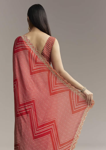 Red Ombre Satin Saree With Geometric Print And Gota Border