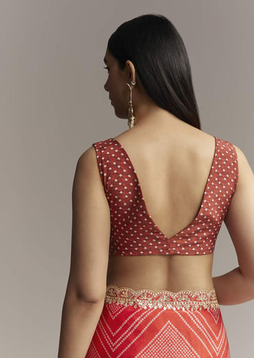 Red Ombre Satin Saree With Geometric Print And Gota Border