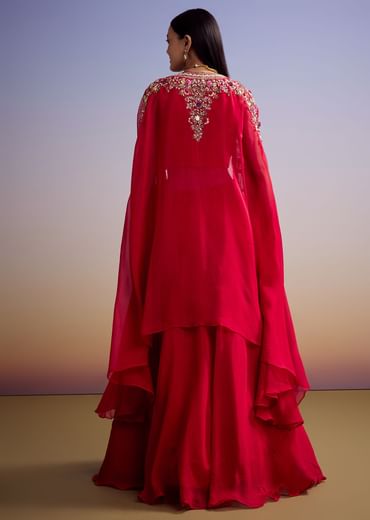 Red Organza Crop Top And Skirt Set With Embroidered Cape
