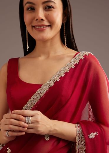 Red Organza Saree With Cutdana And Sequins Border