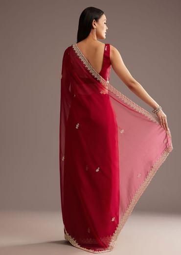 Red Organza Saree With Cutdana And Sequins Border
