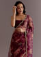 Wine Organza Saree With Floral Print And Hand Embellished Border