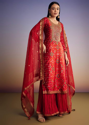 Red Patola And Bandhani Print Kurta Set With Banarasi Dupatta