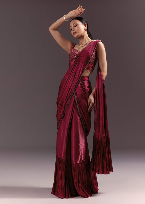 Red Pre Stitched Saree With Sleeveless V Neck Blouse Red Pre Stitched Saree With Sleeveless V Neck Blouse
