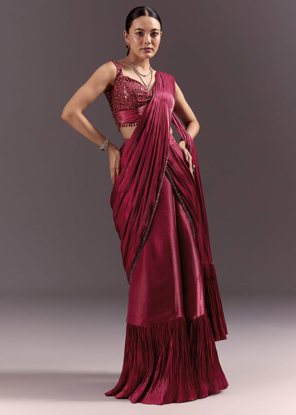 Red Pre Stitched Saree With Sleeveless V Neck Blouse Red Pre Stitched Saree With Sleeveless V Neck Blouse