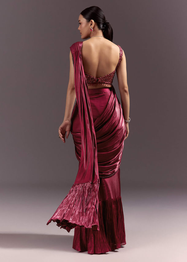 Red Pre Stitched Saree With Sleeveless V Neck Blouse Red Pre Stitched Saree With Sleeveless V Neck Blouse